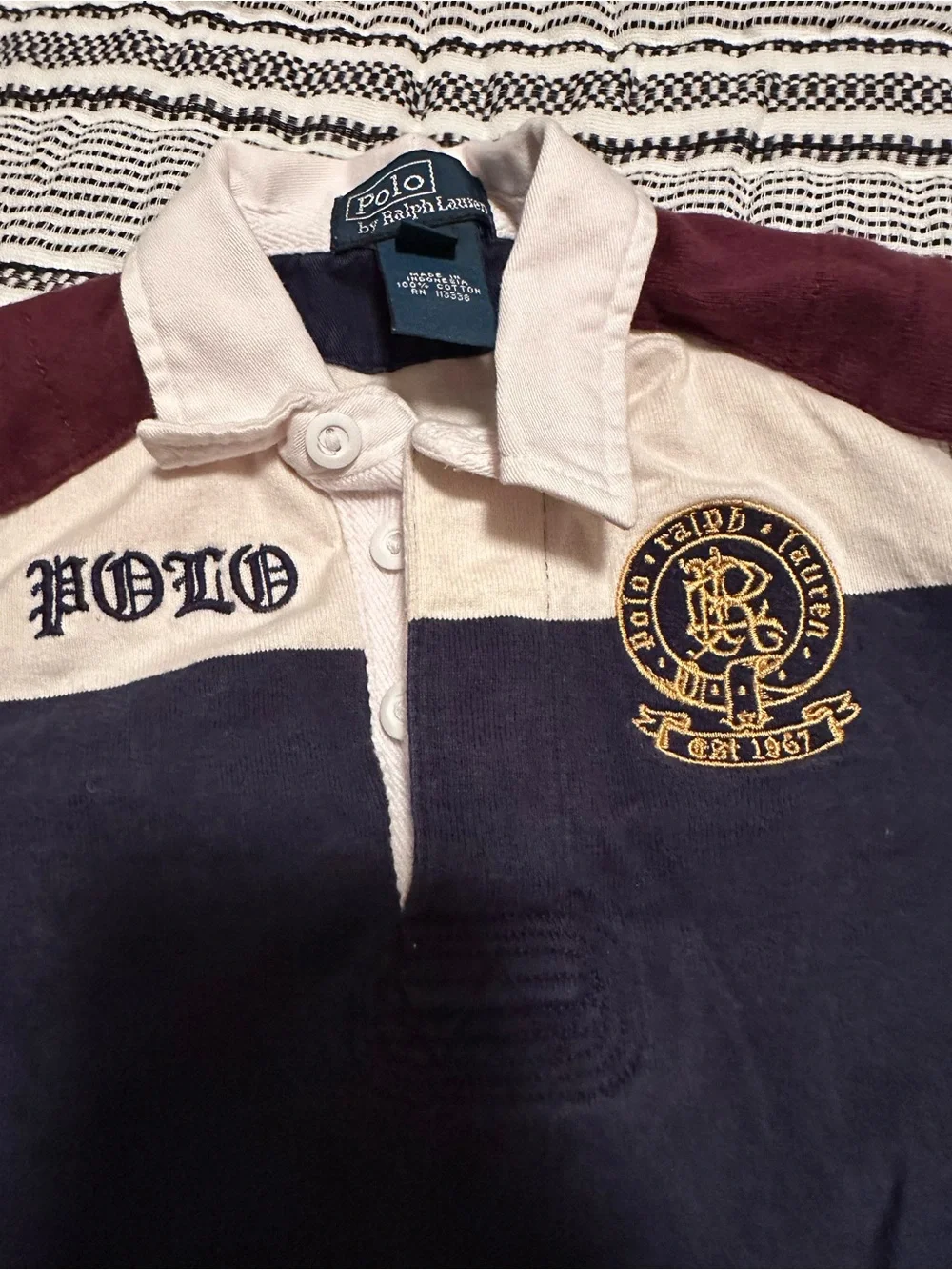 Ralph Lauren Boys Burgundy,Navy, and Cream Rugby Polo- Size 12M